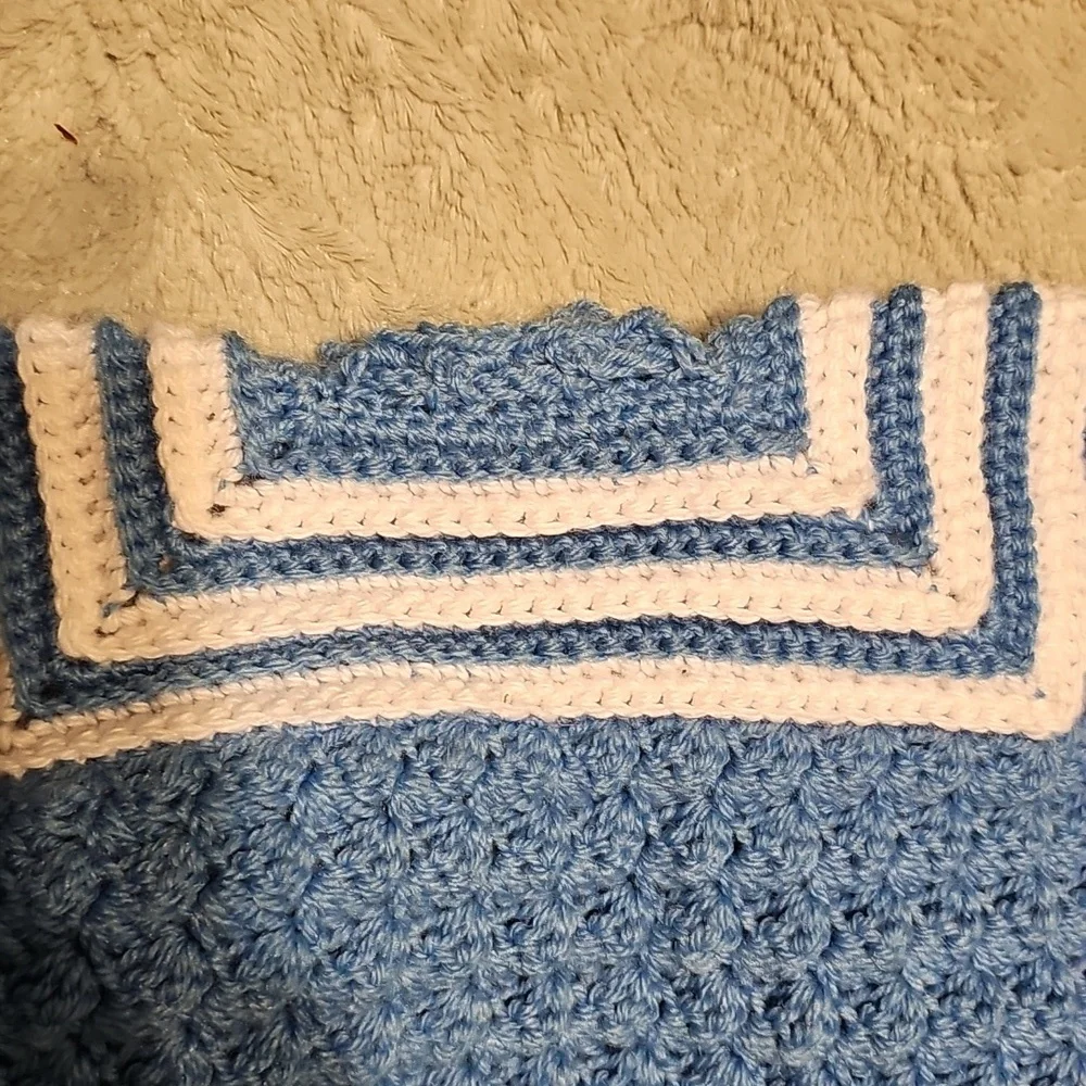 HANDMADE BABY JACKET HAT BOOTIES BLUE WHITE CROCHET 0-3 MONTHS GIFT